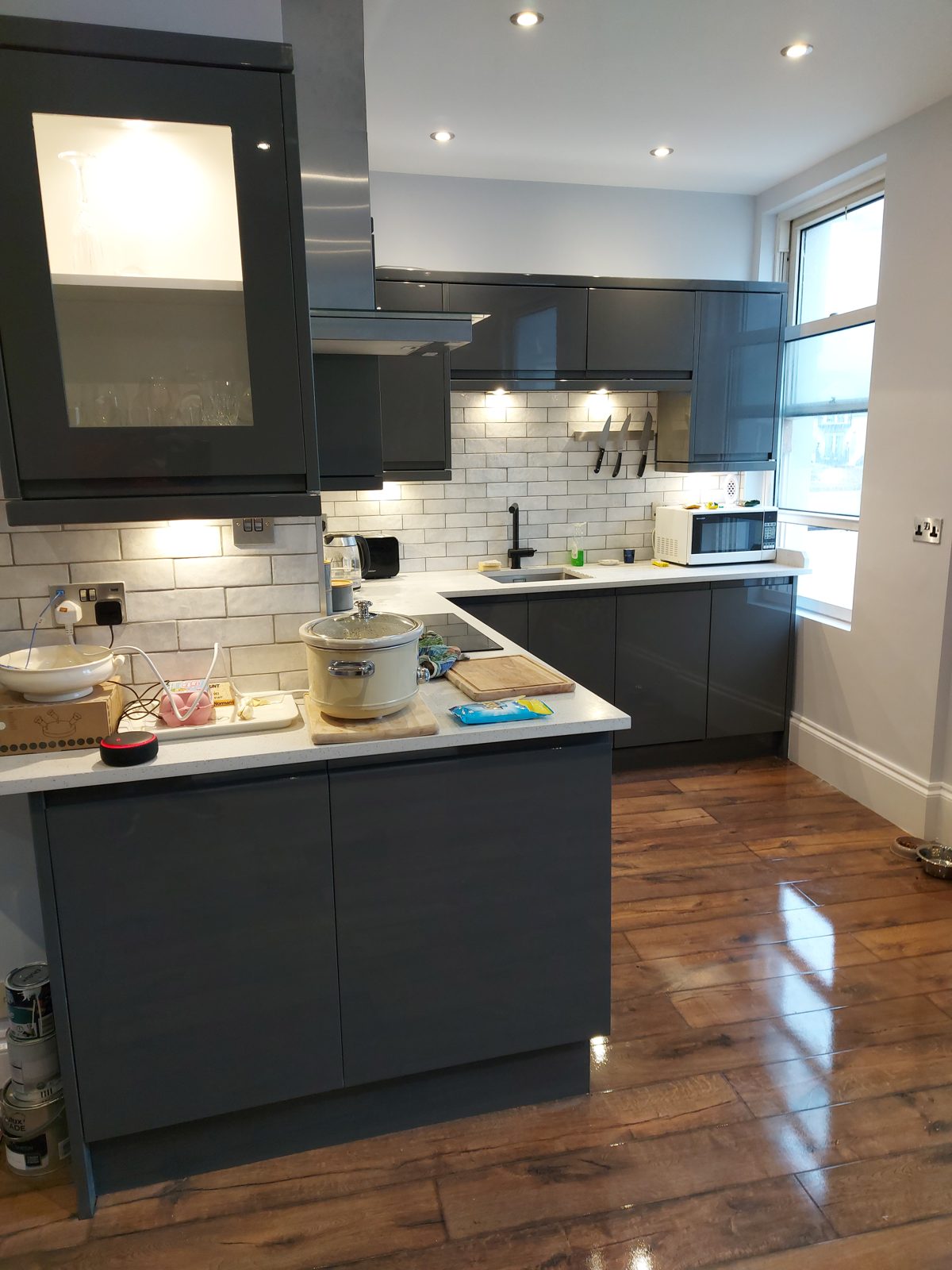 Finished, glass cabinets lit: St John's Road kitchen project photo 21